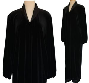 Diamond Tea Black Velvet Zip Front Kaftan, Dressing Gown, Robe, Satin Trim, Large to Extra Large - Fashionconservatory.com
