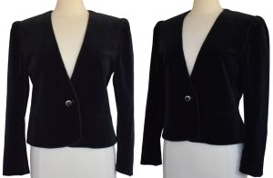 1980s Black Velvet Cropped Blazer Jacket, by Sanyo Fashion House I. Magnin, New with Tags, Large