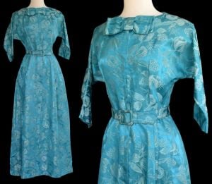 1940s Floral Jacquard Zip Front Dressing Gown in Blue, Robe, Hostess Gown, XS
