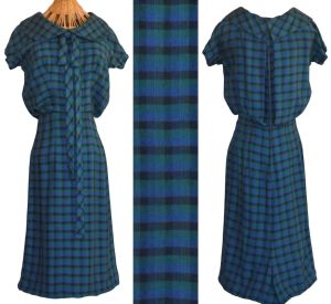 1950s Suzy Perette Day Dress, Green and Blue Plaid Wiggle Dress, Bow, Size XXS,