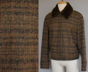 1990s Brown Tweed Jacket with Faux Fur Collar by Votre Noir Collection, Made in France, XL