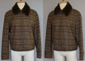 1990s Brown Tweed Jacket with Faux Fur Collar by Votre Noir Collection, Made in France, XL - Fashionconservatory.com