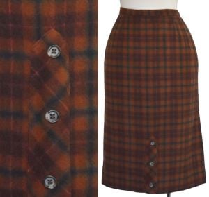 1950s Wool Plaid Skirt, Brown and Black Wool Plaid, High Waist, Century of Boston, Size Small