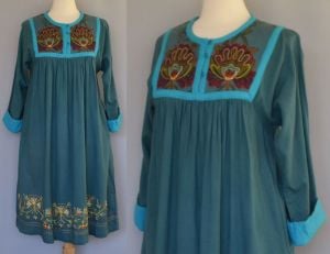 90s Afghan Style Embroidered Green and Blue Embroidered Dress, NWT, Size M Medium