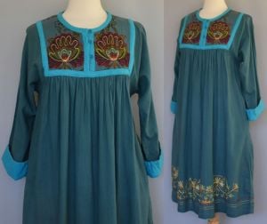 90s Afghan Style Embroidered Green and Blue Embroidered Dress, NWT, Size M Medium - Fashionconservatory.com