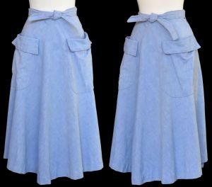 1940s Cotton Chambray Work Skirt, Midi Wrap Skirt, Handmade, Size Large