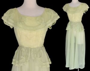 1930s Green Net Party Dress, 3-D Ruched Embellished Cape Collar and Peplum, Puff Sleeves, Medium - Fashionconservatory.com