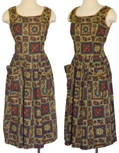 1950s Abstract Print Full Skirted Fit and Flare Dress, East India Block Print, Medium
