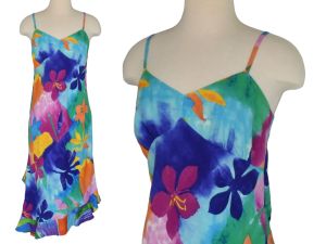 Y2K Jams World Floral Print Slip Dress, Ruffle Hem, Tropical Floral Print, Adjustable Straps, Medium