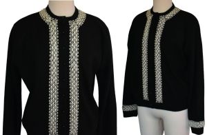 50s Hand Beaded Black Cashmere Angora Cardigan Sweater, 3-D Faux Pearls, Hong Kong, L to XL