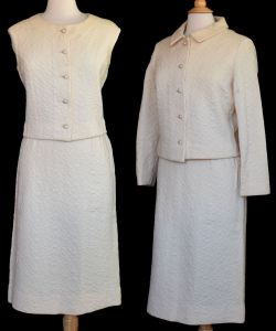 1960s Kimberly Skirt Suit, Three Piece Set, Jacket, Vest, Skirt, Off White Wool Jacquard Knit, M L - Fashionconservatory.com