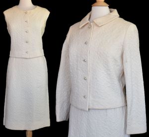 1960s Kimberly Skirt Suit, Three Piece Set, Jacket, Vest, Skirt, Off White Wool Jacquard Knit, M L