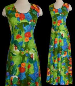 1960s Lauhala Hawaii Maxi Dress, Tropical Floral Print Polished Cotton, Hawaiian Gown, XS to S - Fashionconservatory.com