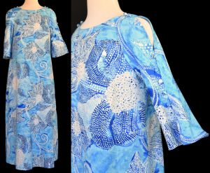 1970s Pake Mu Mu'u, Liberty House Hawaii Kaftan, Abstract Blue Print, Ankle Length Dress, Pake Mu