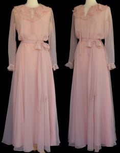 1970s Miss Elliette PInk Chiffon Maxi Dress with Ruffle Collar, Size S to M - Fashionconservatory.com