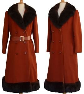 1970s Orange Wool Coat with Rabbit Collar and Trim, Penny Lane Style, Belted, Size Large