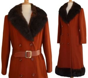 1970s Orange Wool Coat with Rabbit Collar and Trim, Penny Lane Style, Belted, Size Large - Fashionconservatory.com