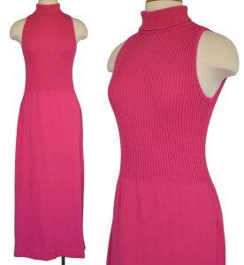 1970s Hot Pink Sweater Dress, Body Con Mixed Knit Maxi Dress, Dolphin California, Size S Small