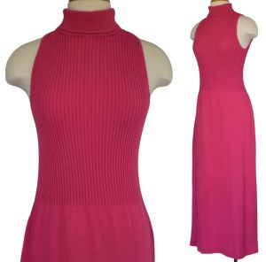1970s Hot Pink Sweater Dress, Body Con Mixed Knit Maxi Dress, Dolphin California, Size S Small - Fashionconservatory.com