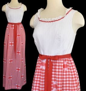 1960s Red and White Gingham Check Maxi Dress by Marla K California, Size Medium  - Fashionconservatory.com