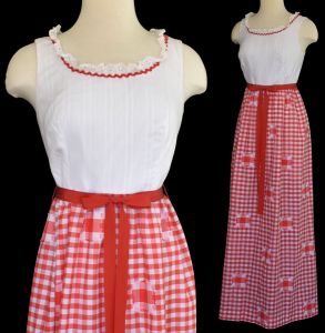 1960s Red and White Gingham Check Maxi Dress by Marla K California, Size Medium 
