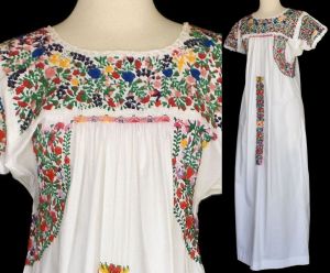 1970s Hand Embroidered Mexican White Maxi Dress, Little People, Armbands, Size XS to S