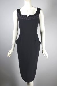 1950s black cocktail dress sleeveless lace trim | S