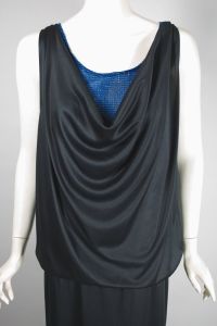 Deadstock 80s dress drop waist draped black jersey blue stripe - Fashionconservatory.com