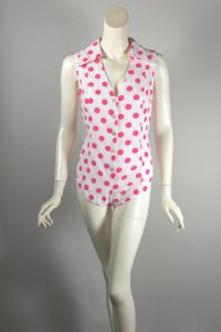 Barbie pink white polka dots cotton 1960s miniskirt bodysuit set - Fashionconservatory.com