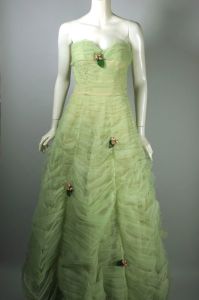 Green tulle strapless formal gown 1960s cupcake dress rosebuds trim