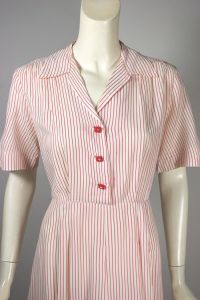 Red white striped rayon late 1940s day dress rhinestone buttons - Fashionconservatory.com
