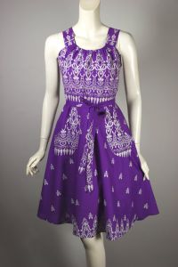 Purple white print 70s sundress wrap dress full skirt