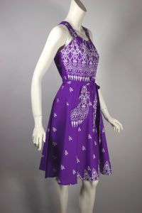 Purple white print 70s sundress wrap dress full skirt - Fashionconservatory.com
