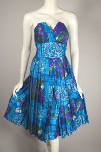 Aqua floral cotton strapless 1950s dress petal bust with stole - Fashionconservatory.com