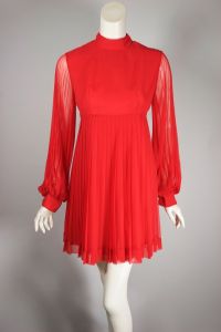 Pleated red chiffon 1960s mini dress bishop sleeves empire waist - Fashionconservatory.com