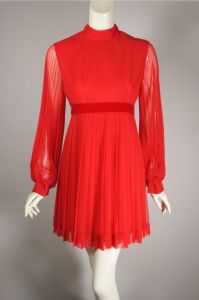 Pleated red chiffon 1960s mini dress bishop sleeves empire waist