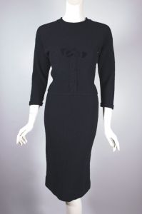 1950s sweater dress top and skirt set black knit wool with bow trim