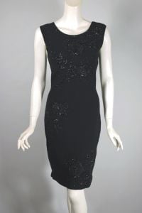 Floral beaded black wool knit 1960s sweater dress 