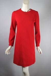 Bright red knit wool dress trapunto stripes late 1960s shift
