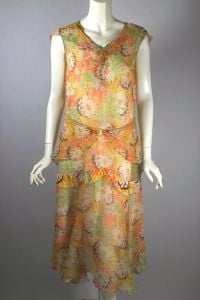 Orange gold floral silk chiffon dress late 1920s early 1930s