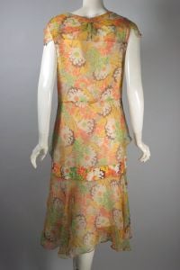 Orange gold floral silk chiffon dress late 1920s early 1930s - Fashionconservatory.com