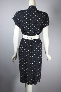 Black white polka dots 80s dress contrast belt retro style - Fashionconservatory.com
