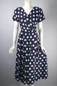 Navy blue white polka dot rayon 1980s midi dress full skirt