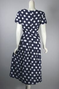 Navy blue white polka dot rayon 1980s midi dress full skirt - Fashionconservatory.com