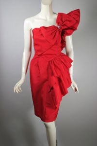 Lipstick red ruffled one-shoulder 80s party dress giant bow