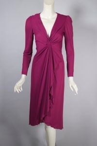 Fuchsia draped jersey disco diva dress late 70s lettuce hem XS-S