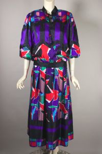 Colorful houndstooth New Wave collage print Diane Freis 80s dress 2pc. S-M