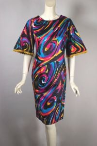 Bright swirls cotton mod 1960s shift dress groovy bell sleeves deadstock XS