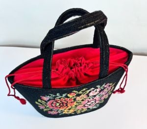 Vintage Black Needlepoint Handbag, Drawstring Lining, Double Handles - Fashionconservatory.com
