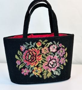 Vintage Black Needlepoint Handbag, Drawstring Lining, Double Handles